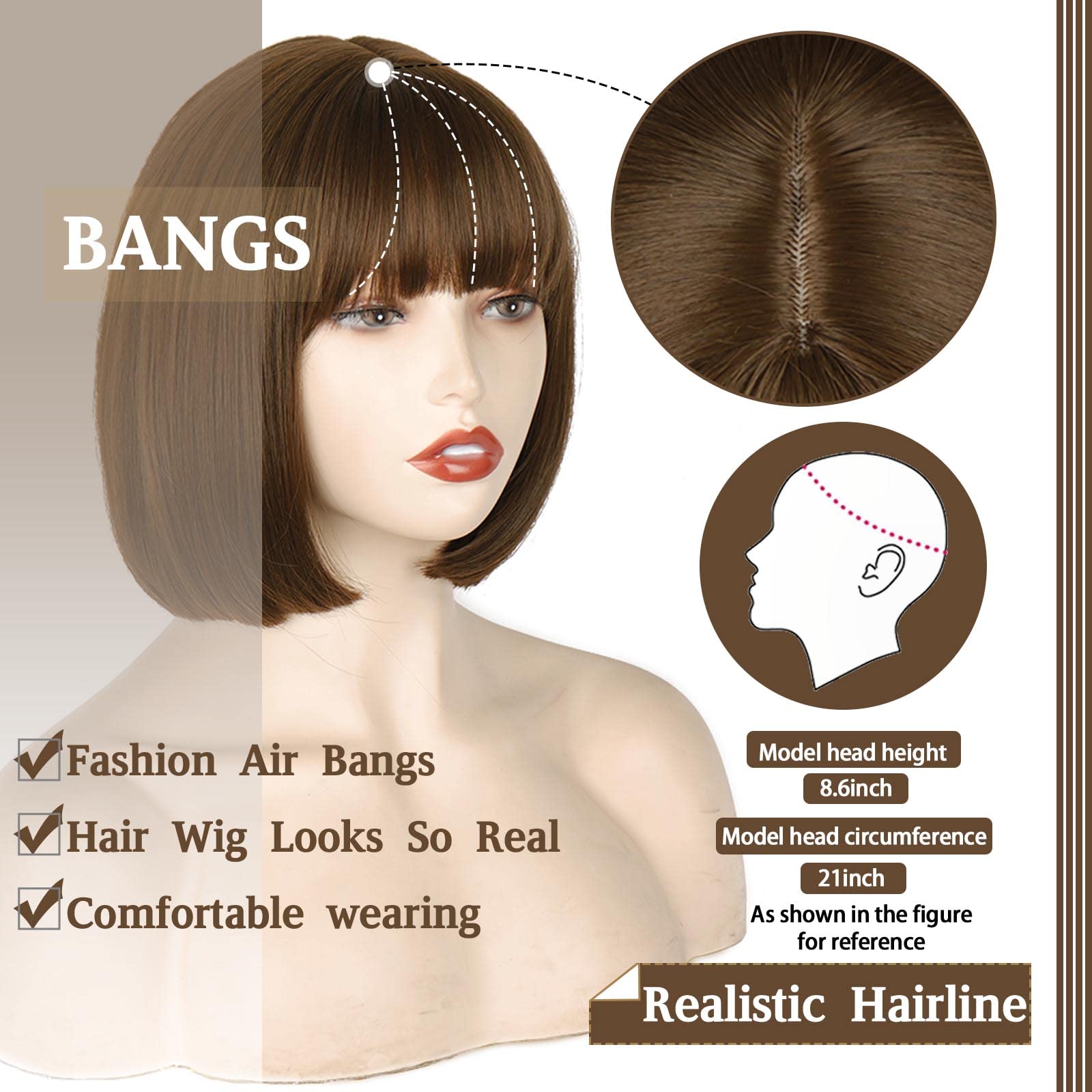 WERD short brown bob wig bangs 10inch cosplay Velma on model for character-inspired styling