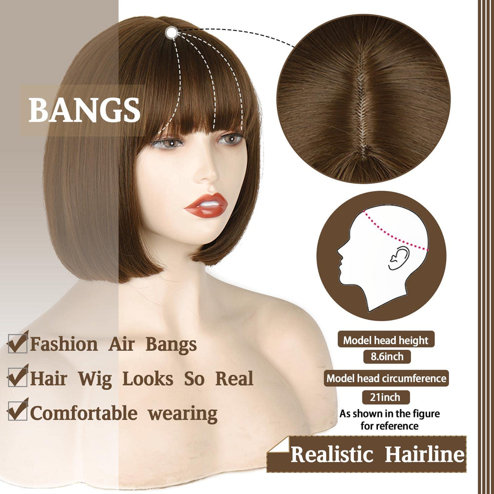 WERD short brown bob wig bangs 10inch cosplay Velma on model for character-inspired styling