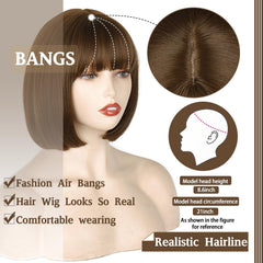 WERD short brown bob wig bangs 10inch cosplay Velma on model for character-inspired styling