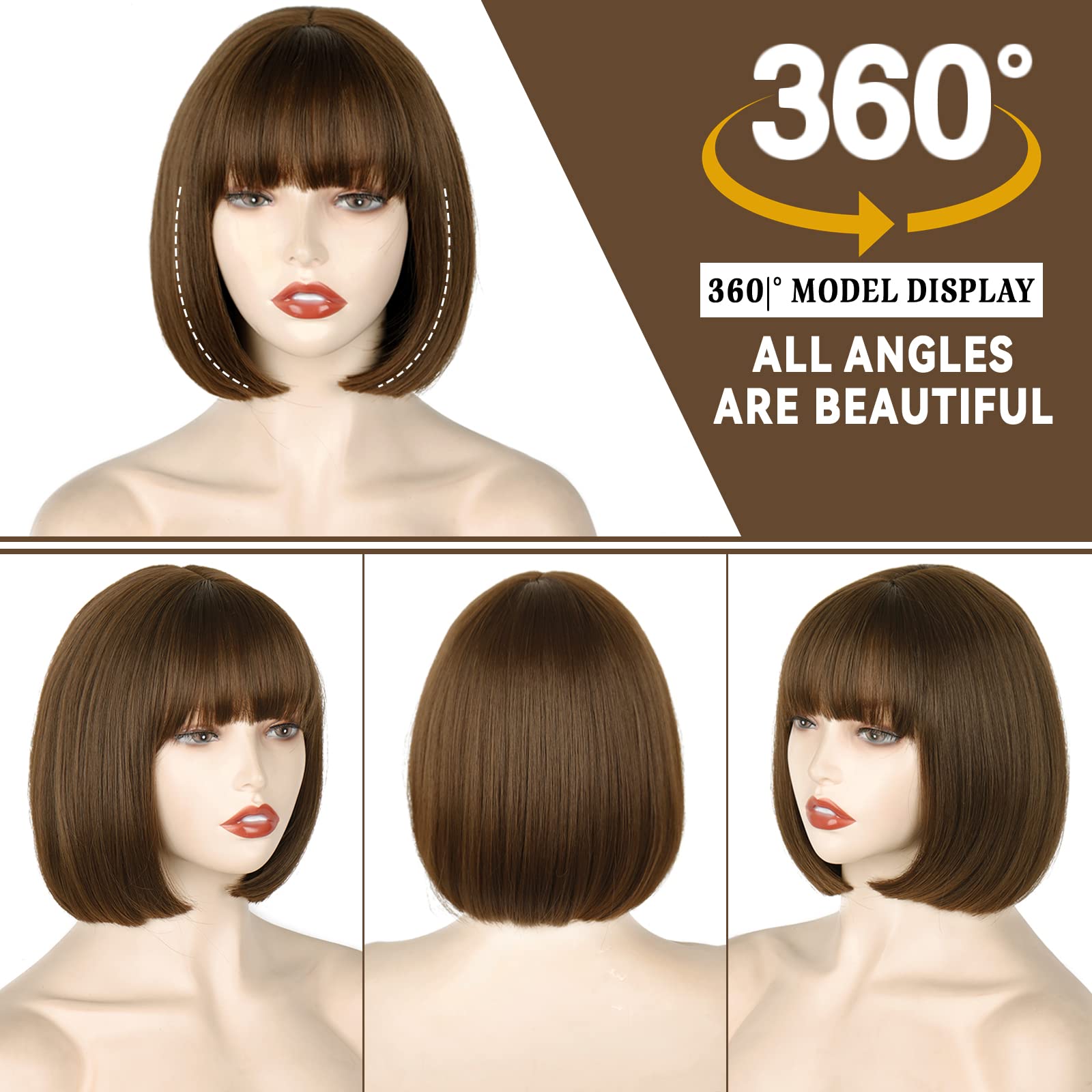 WERD short brown bob wig bangs 10inch soft shine texture resembling natural hair