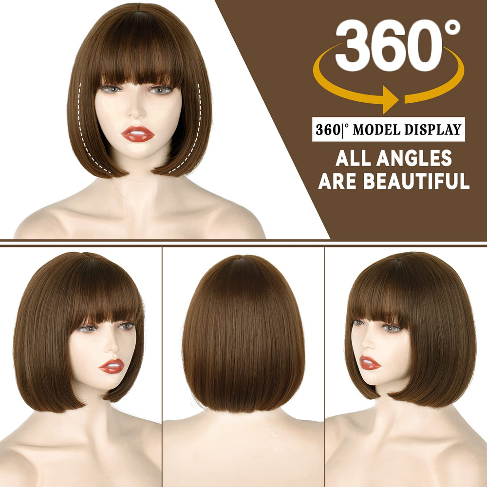 WERD short brown bob wig bangs 10inch soft shine texture resembling natural hair