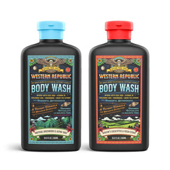 Western Republic men's body wash bottle pour demonstrates easy, hydrating lather.