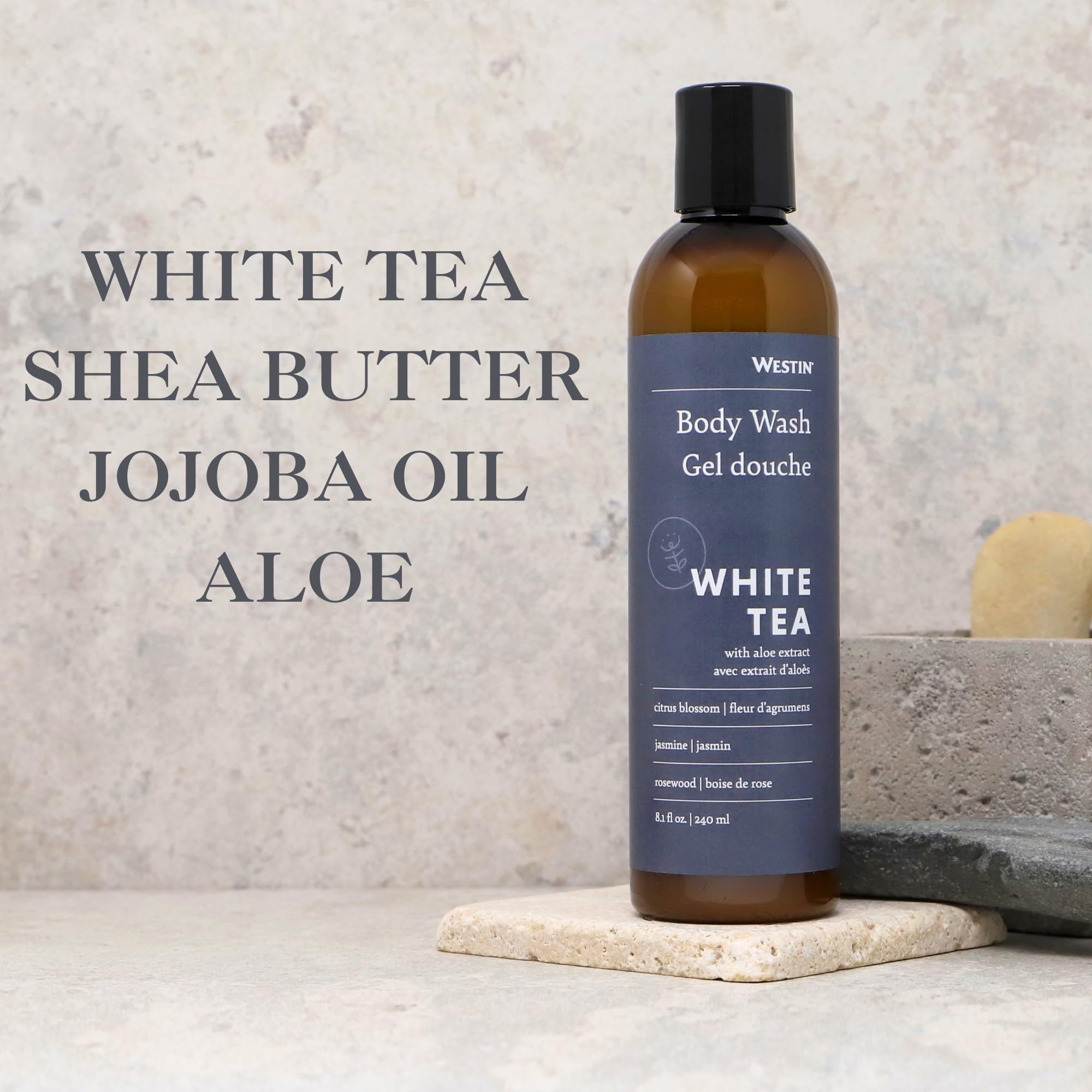 Westin White Tea Aloe after-rinse skin demonstrates moisturized, supple feel.