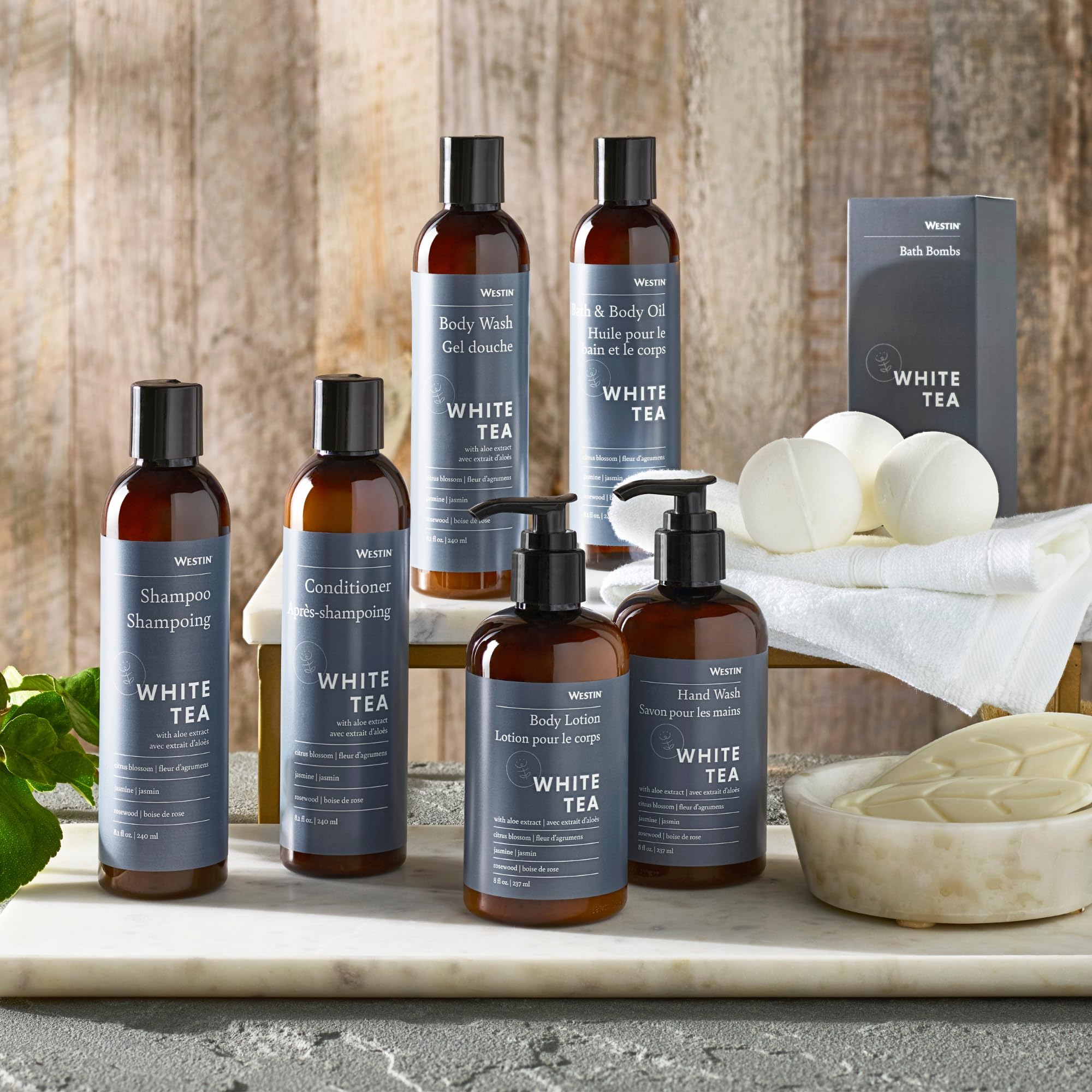 Westin White Tea Aloe Shampoo bathroom scene conveys spa-like daily care.