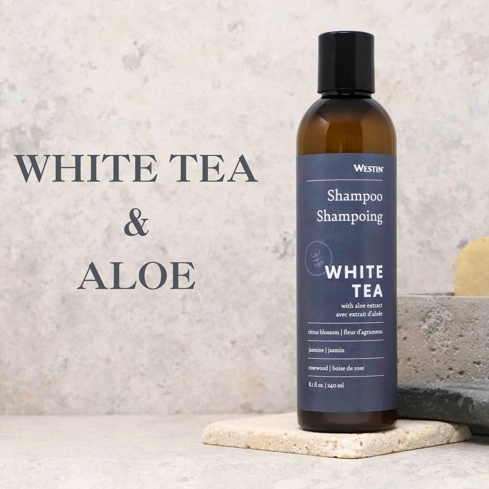 Westin White Tea Aloe Shampoo bottle-back shows color-safe, paraben-free formula.
