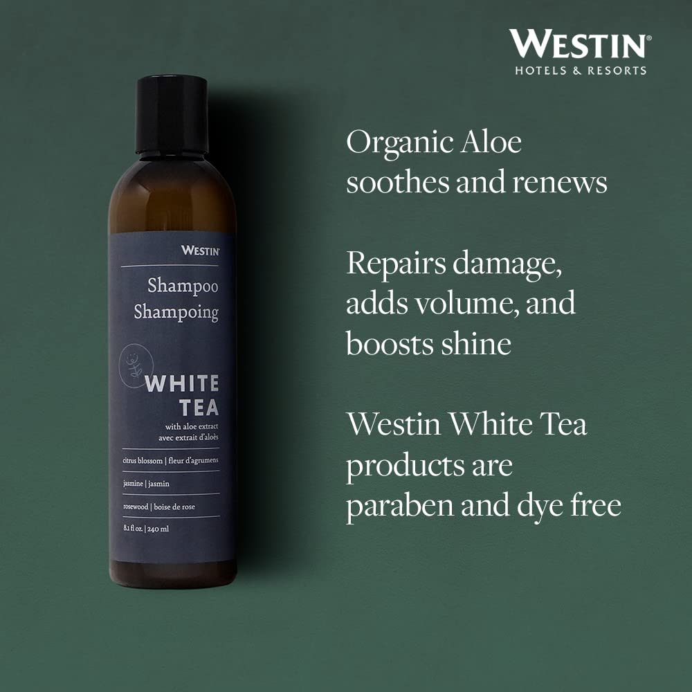 Westin White Tea Aloe Shampoo label closeup highlights signature scent.