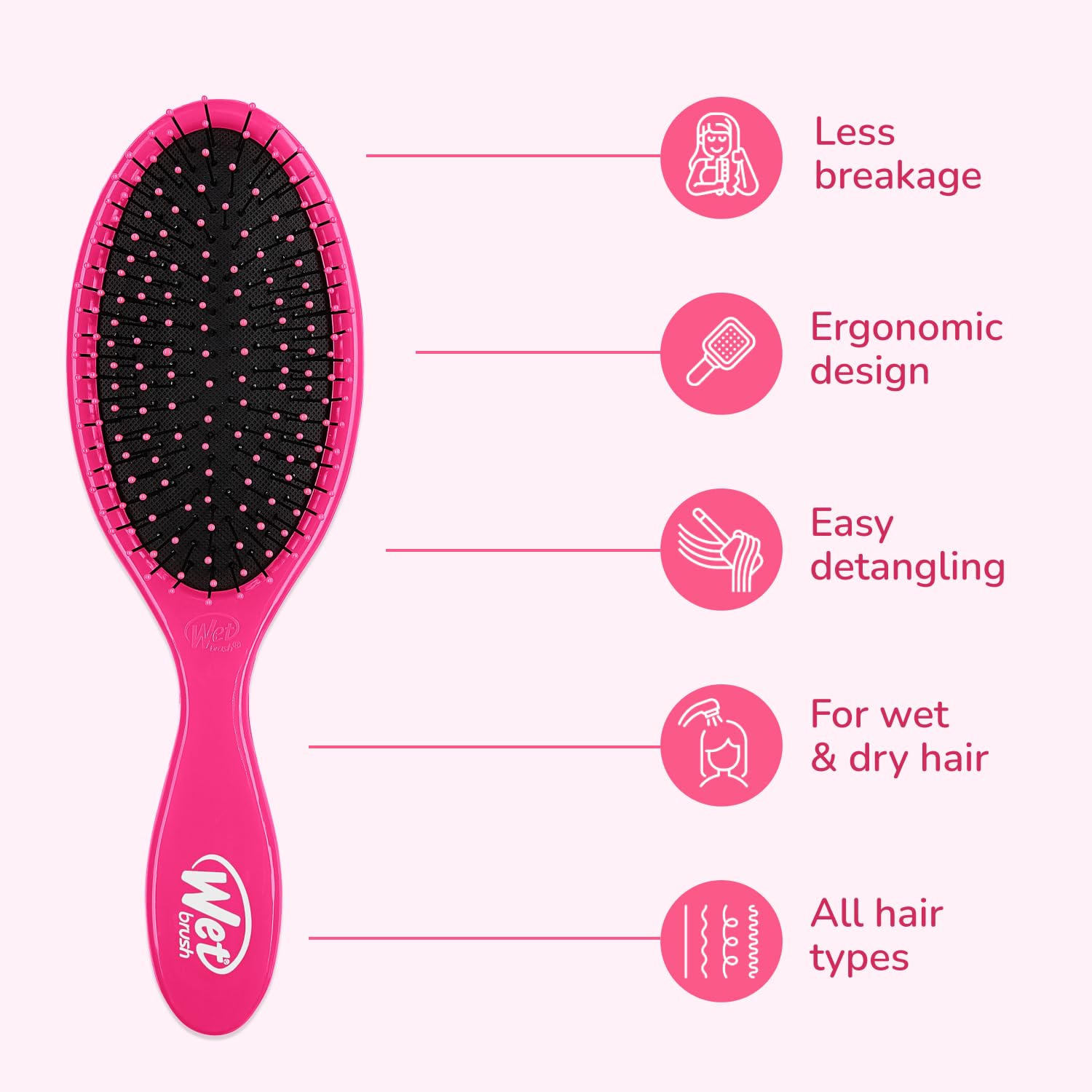 Wet Brush Original Detangler purple close-up bristles ease knots with minimal pull.