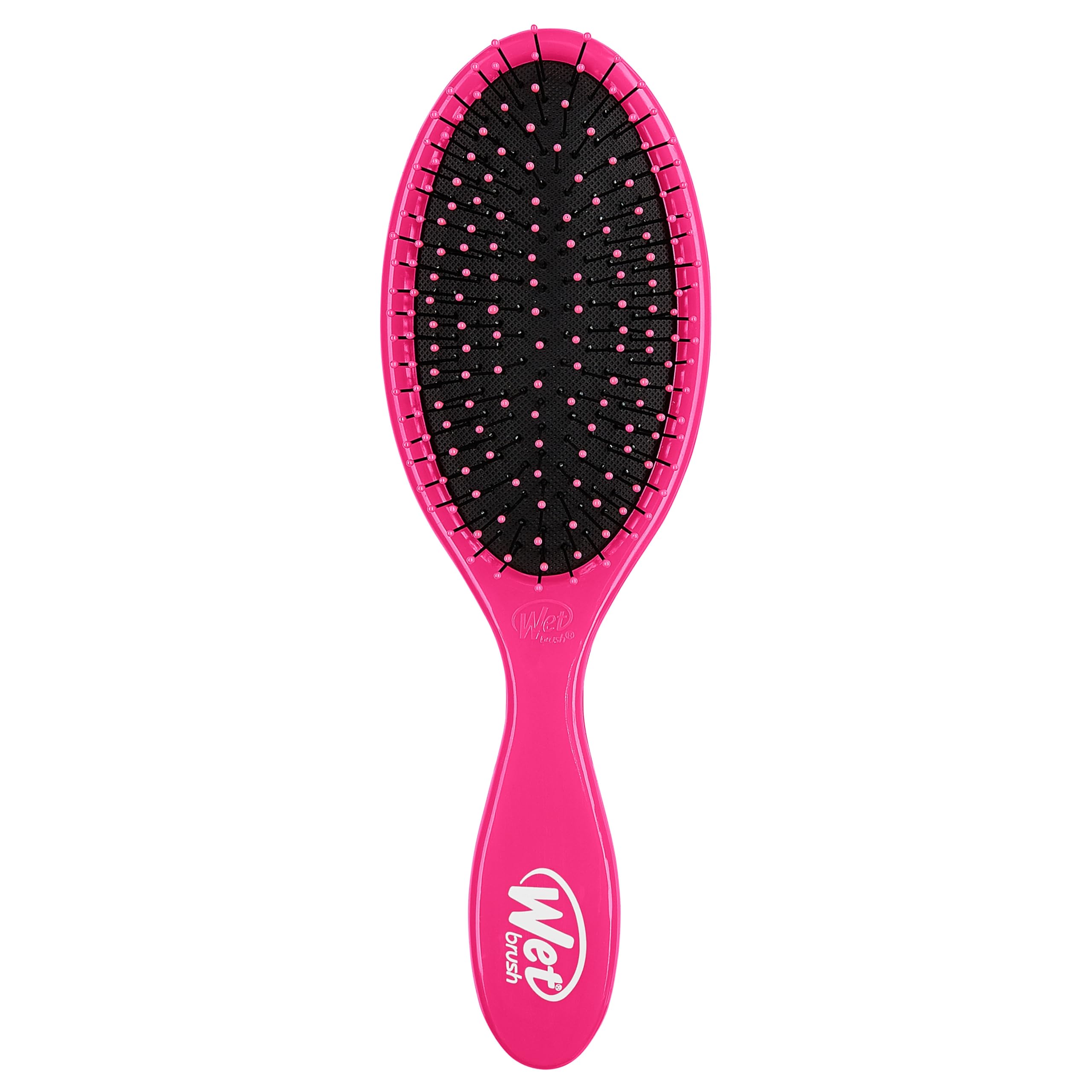 Wet Brush Original Detangler Pink handle closeup — gentle knot removal.