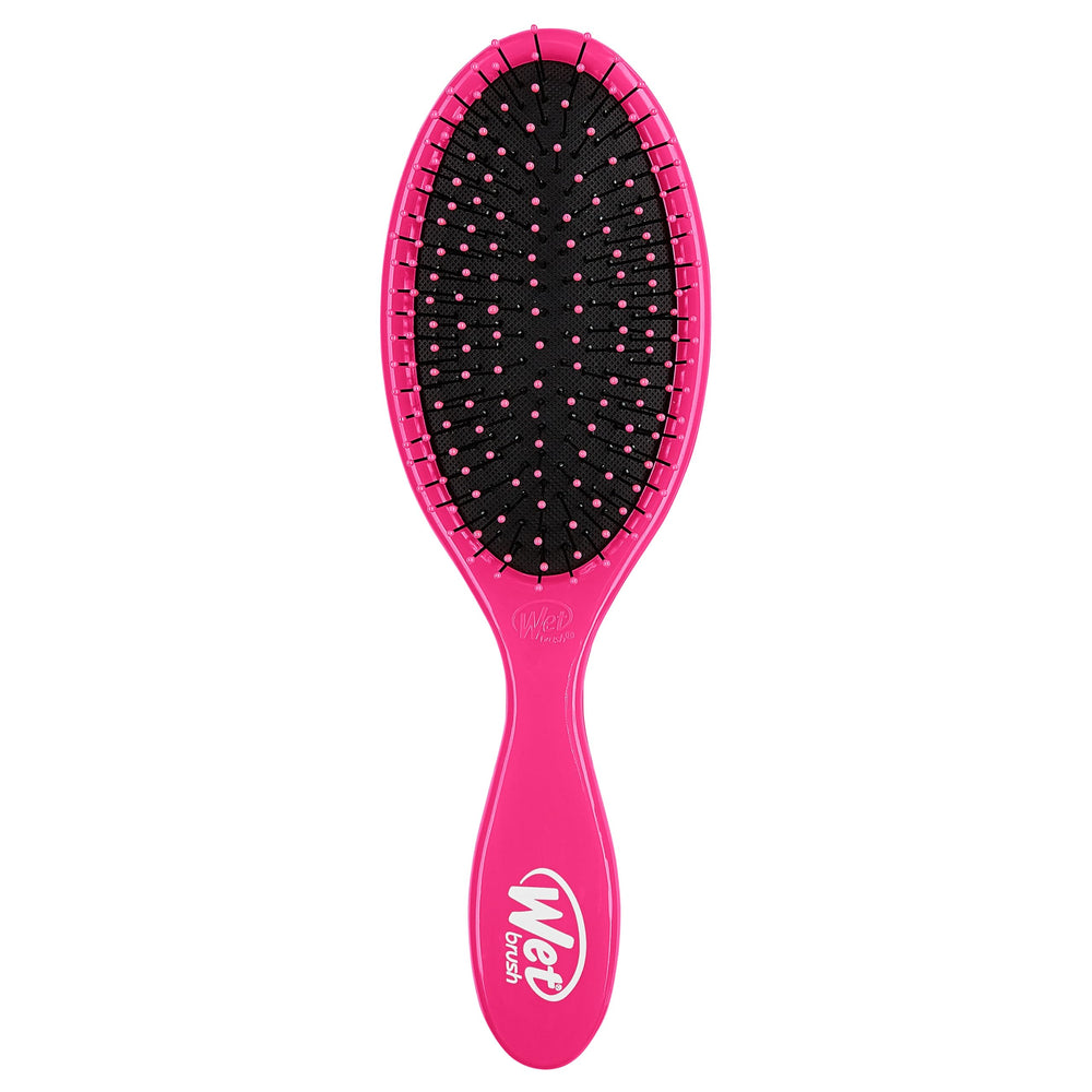 Wet Brush Original Detangler Pink handle closeup — gentle knot removal.