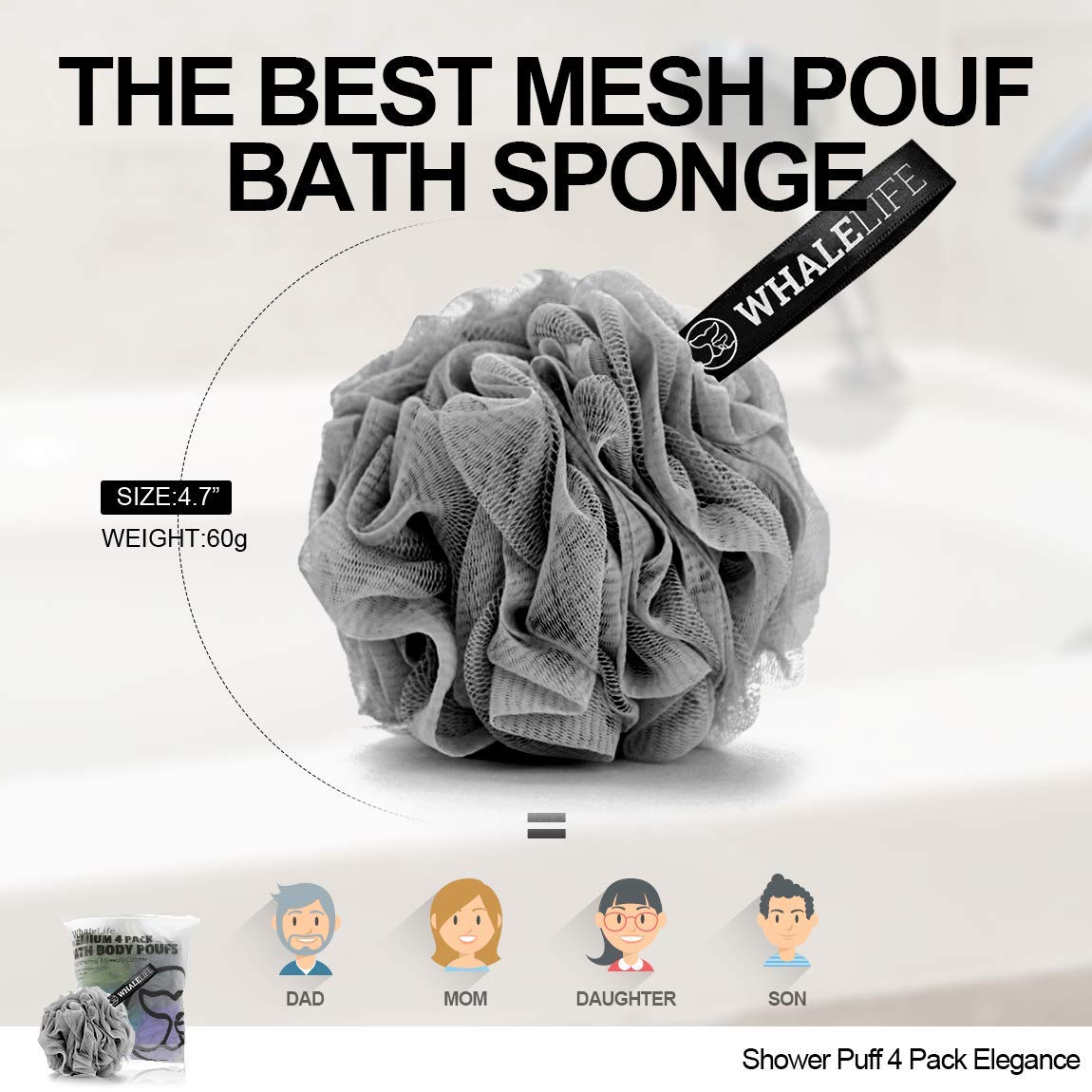 WhaleLife loofah sponge hook-design demonstrates easy air-dry after use.