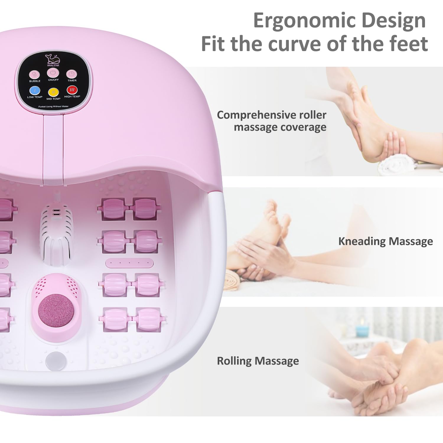 WHALSTAR removable massage rollers target acupoints for foot relaxation.