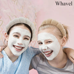 WHAVEL spa headband brown closeup highlighting plush fabric that lifts hair during skincare.