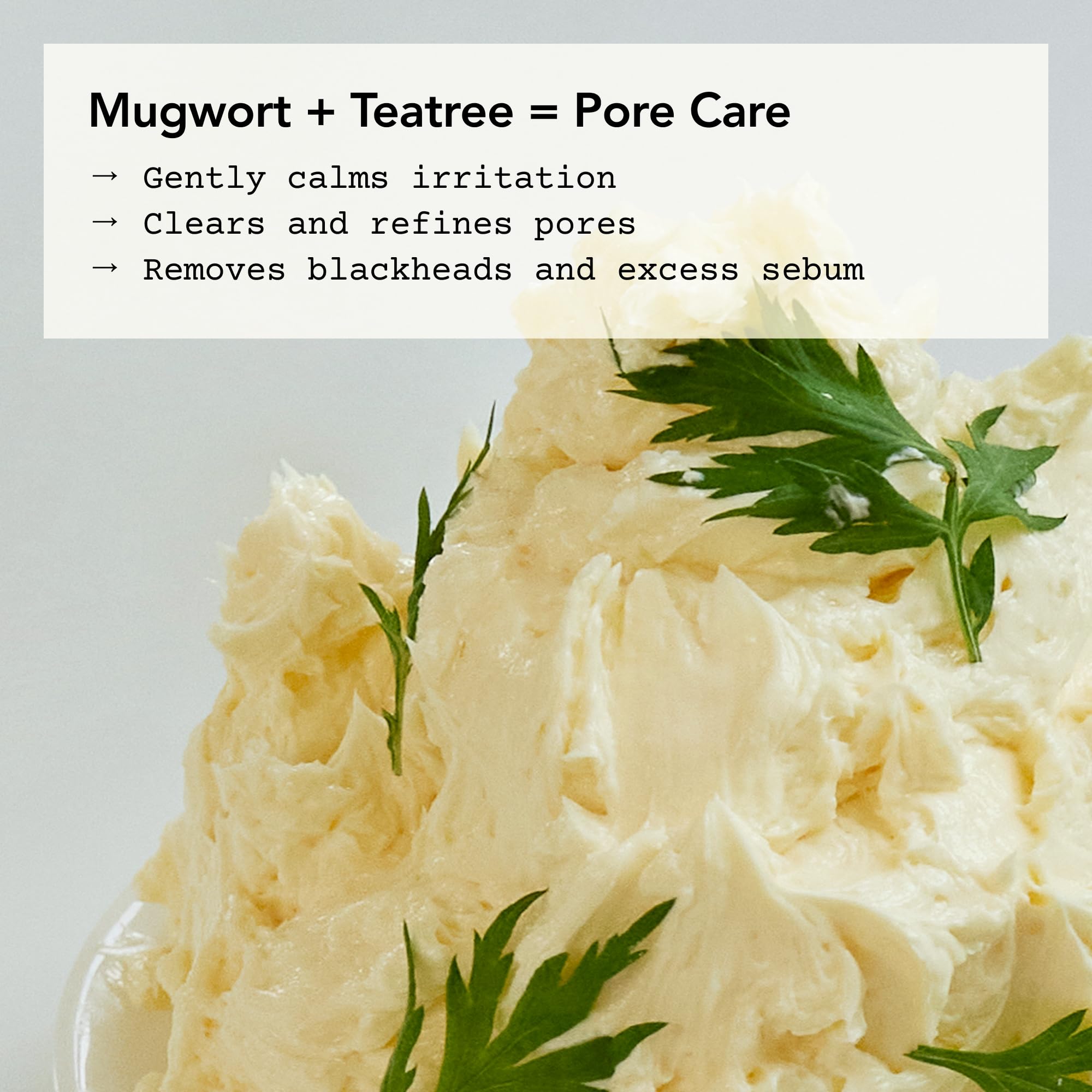 Whipped Semo Face Wash mugwort and teatree detail hints at soothing properties