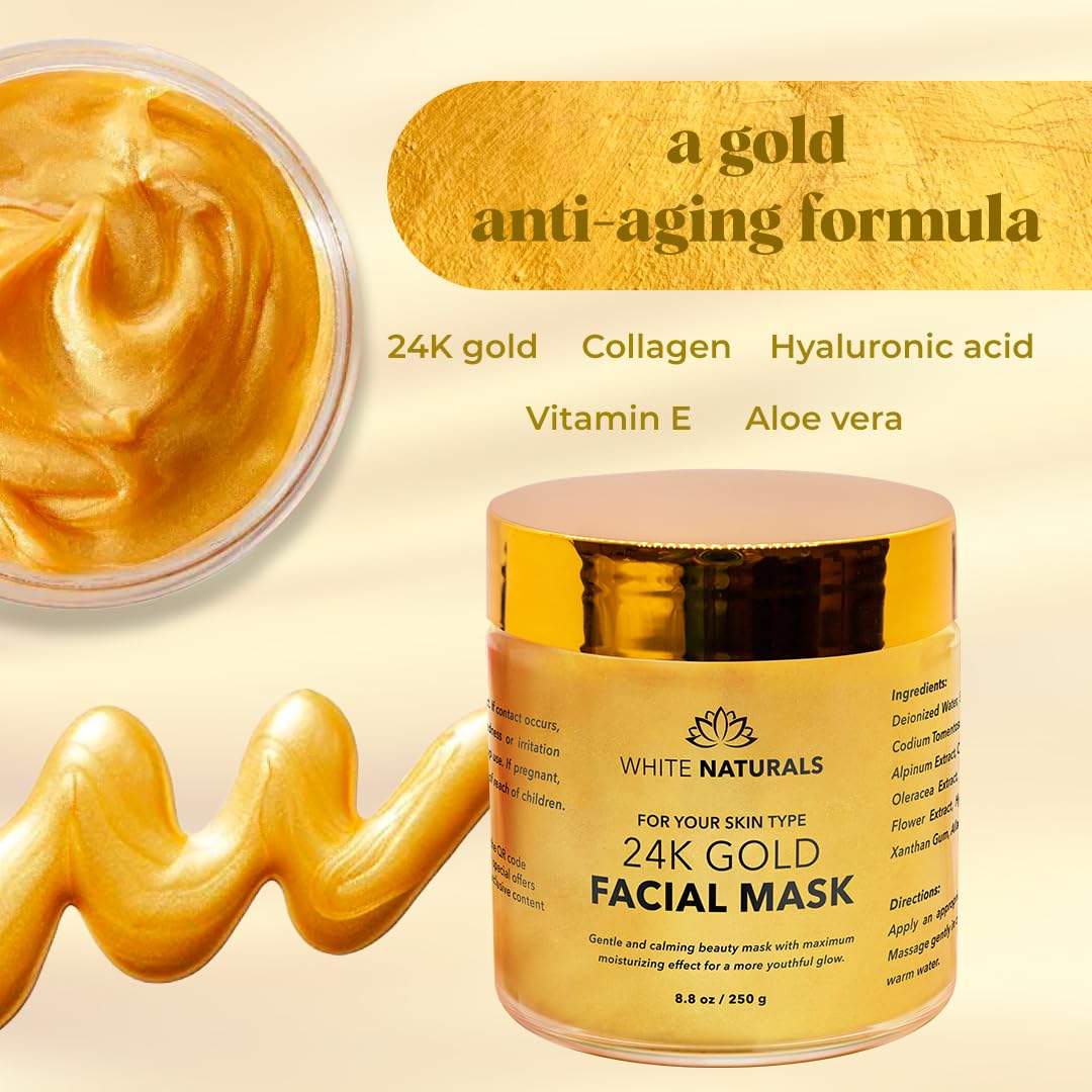 White Naturals 24K Gold Mask application highlights silky texture for smoothing and hydration.