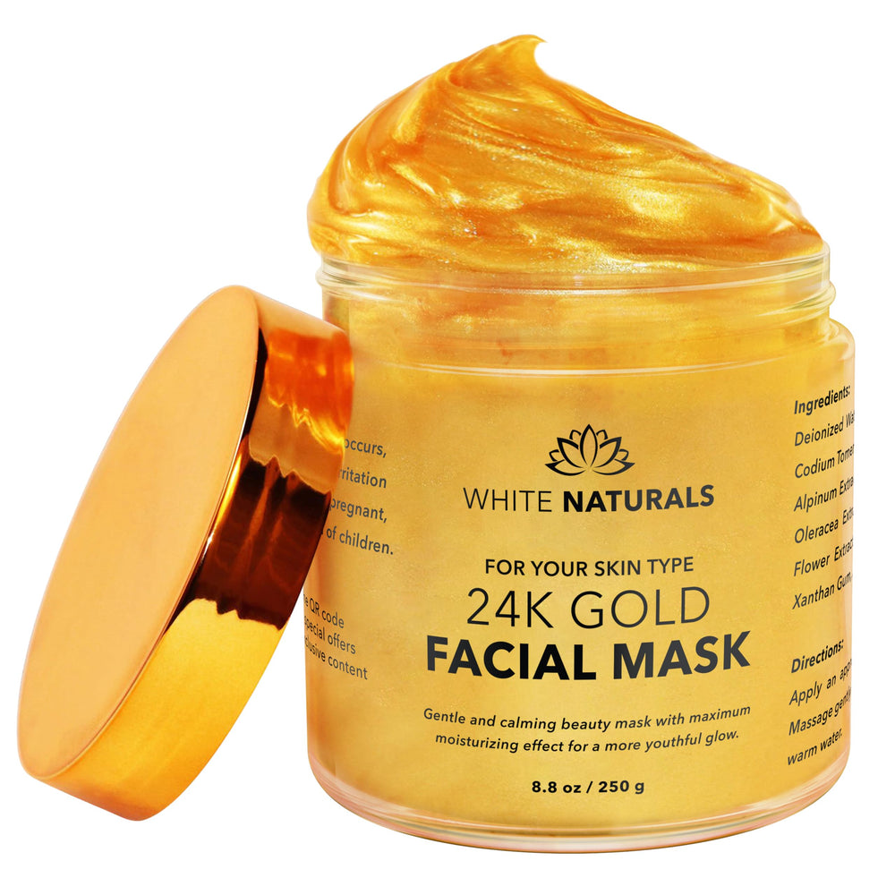 White Naturals 24K Gold Mask pack opening showcases luxurious anti-aging treatment for radiant skin.