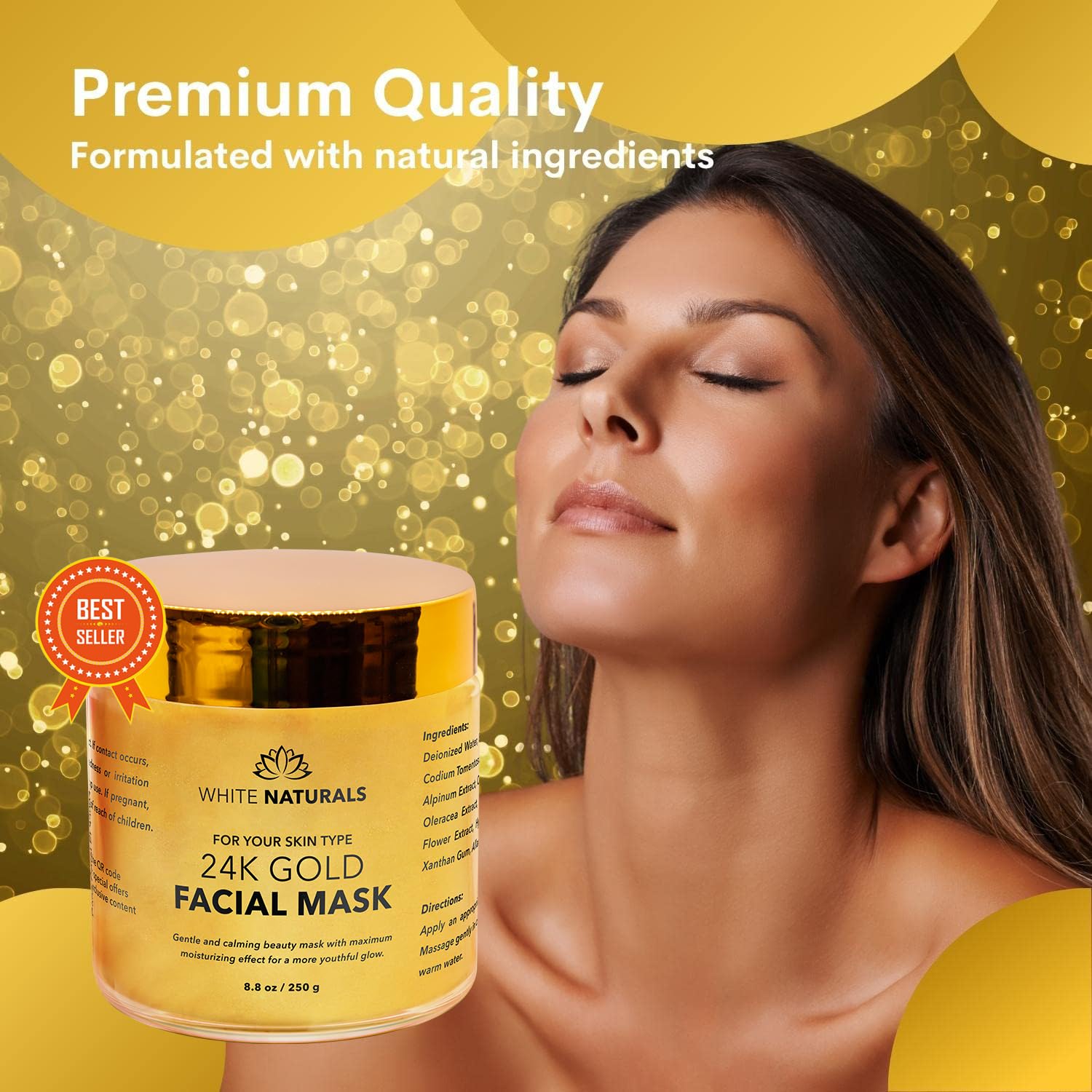White Naturals 24K Gold Mask spa ritual invites calm, pampered self-care.