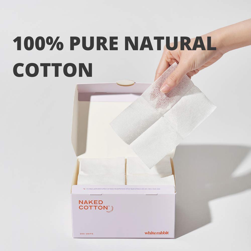 White Rabbit Naked Cotton Textured pad emphasizes lint-free skin care routine.