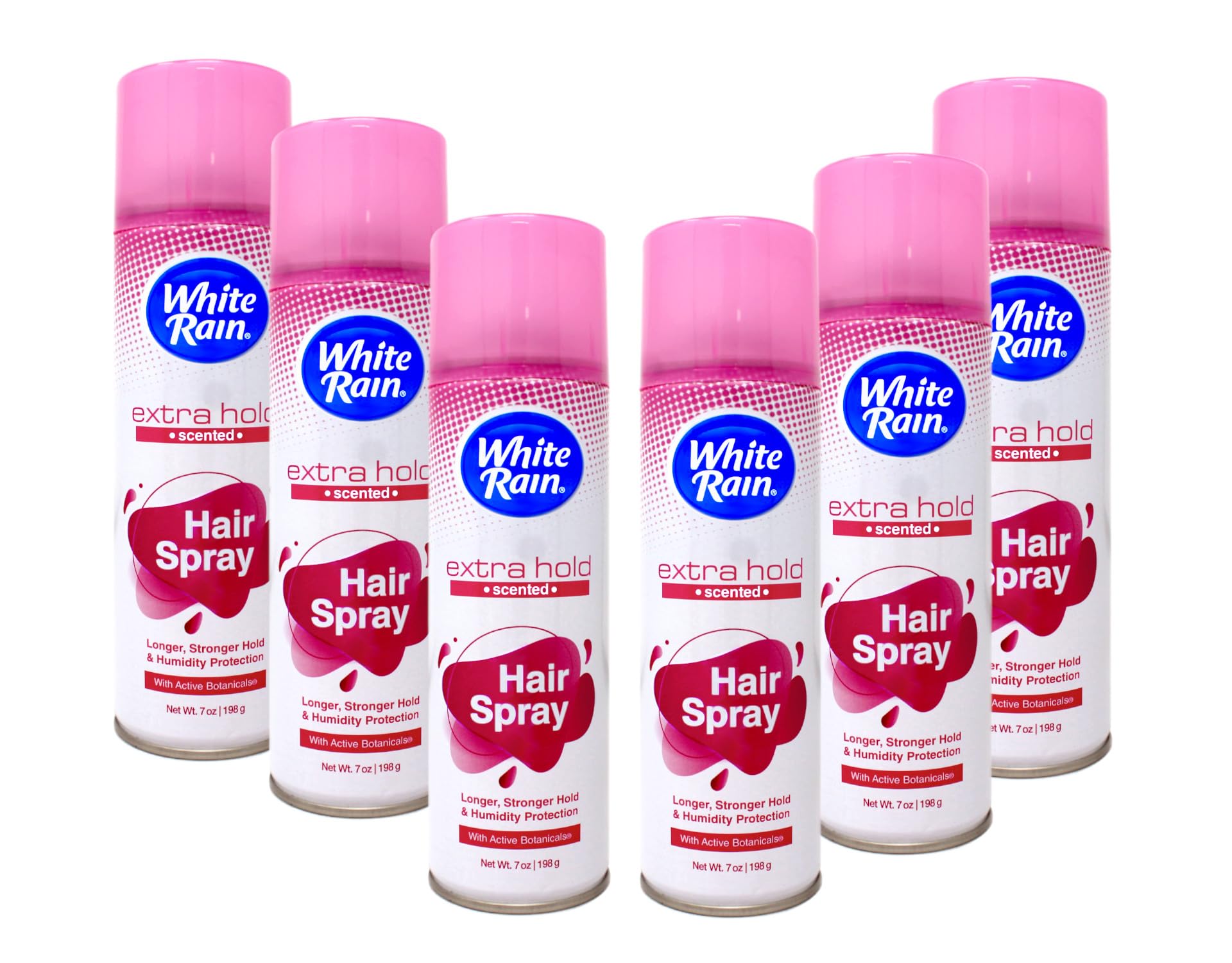 White Rain extra-hold hairspray bottle demonstrates all-day hold and fragrance.