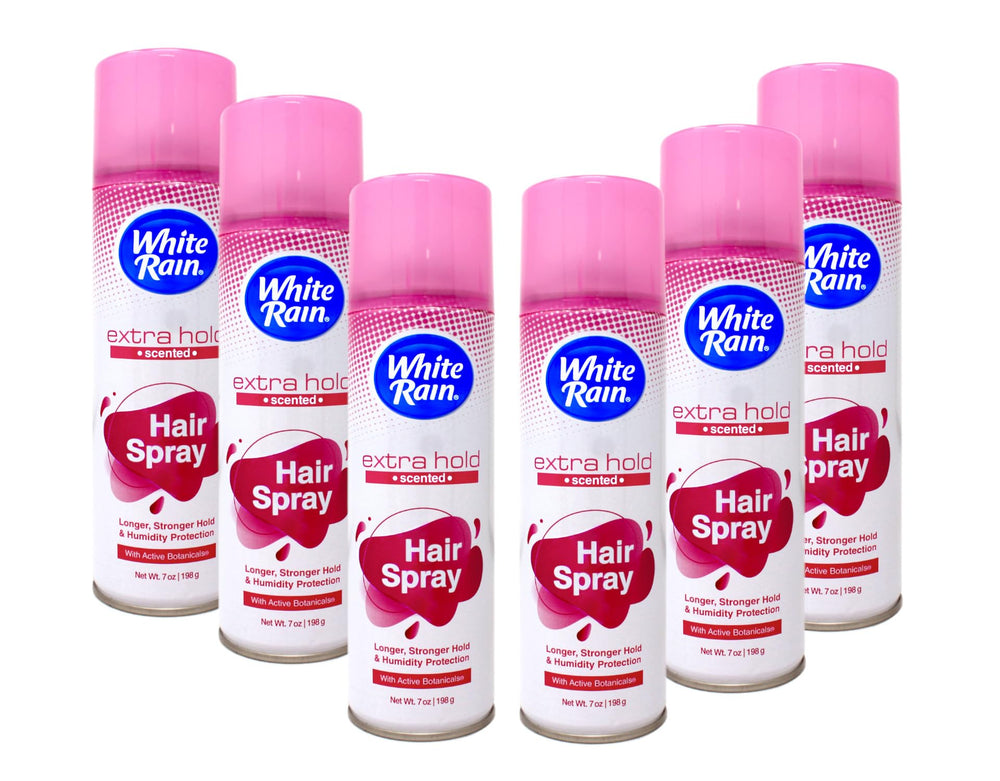 White Rain extra-hold hairspray bottle demonstrates all-day hold and fragrance.