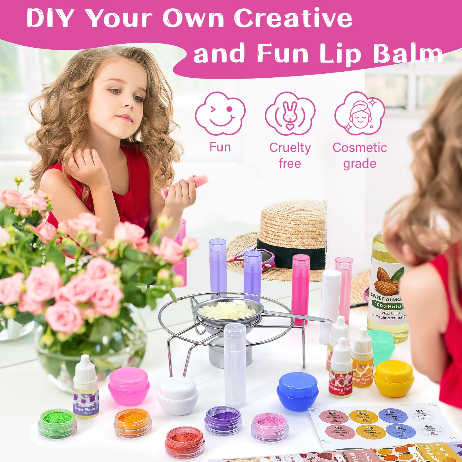 WhizToys lip balm kit shows colorful mica pigments for personalized gloss.