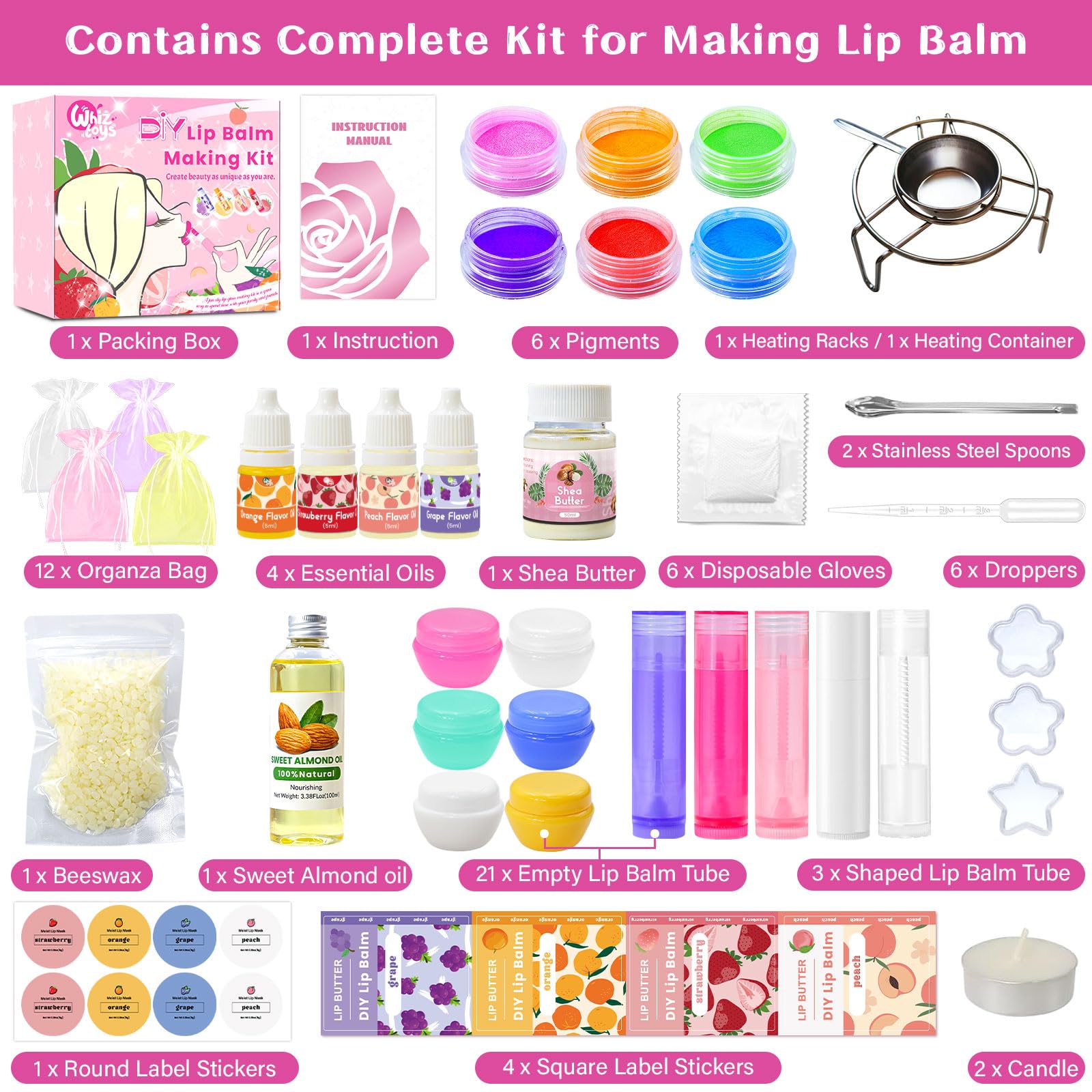 WhizToys lip balm kit stainless steel scoops for precise mixing.