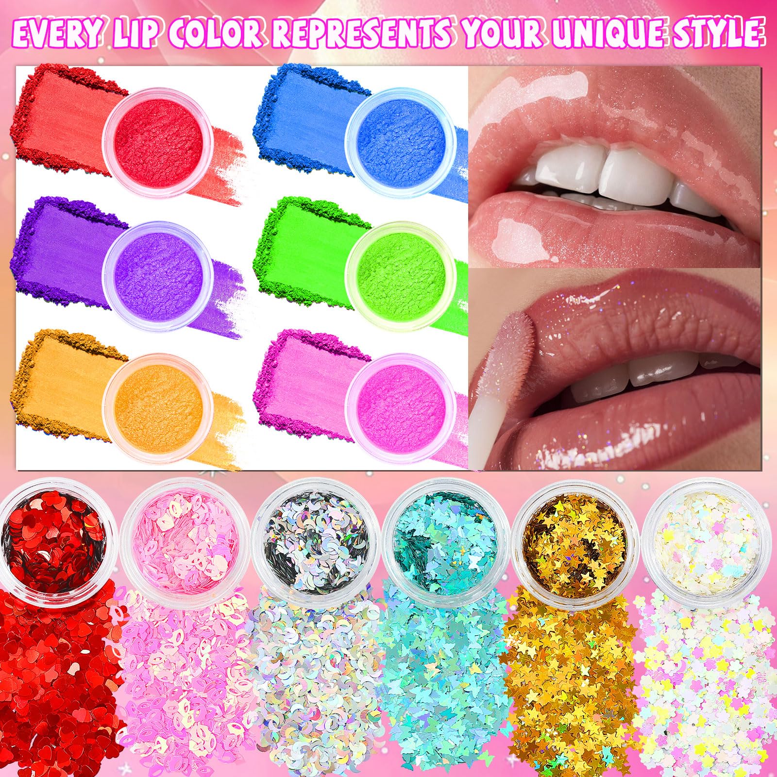 WhizToys pigment powders in vivid tones for personalized lip color.