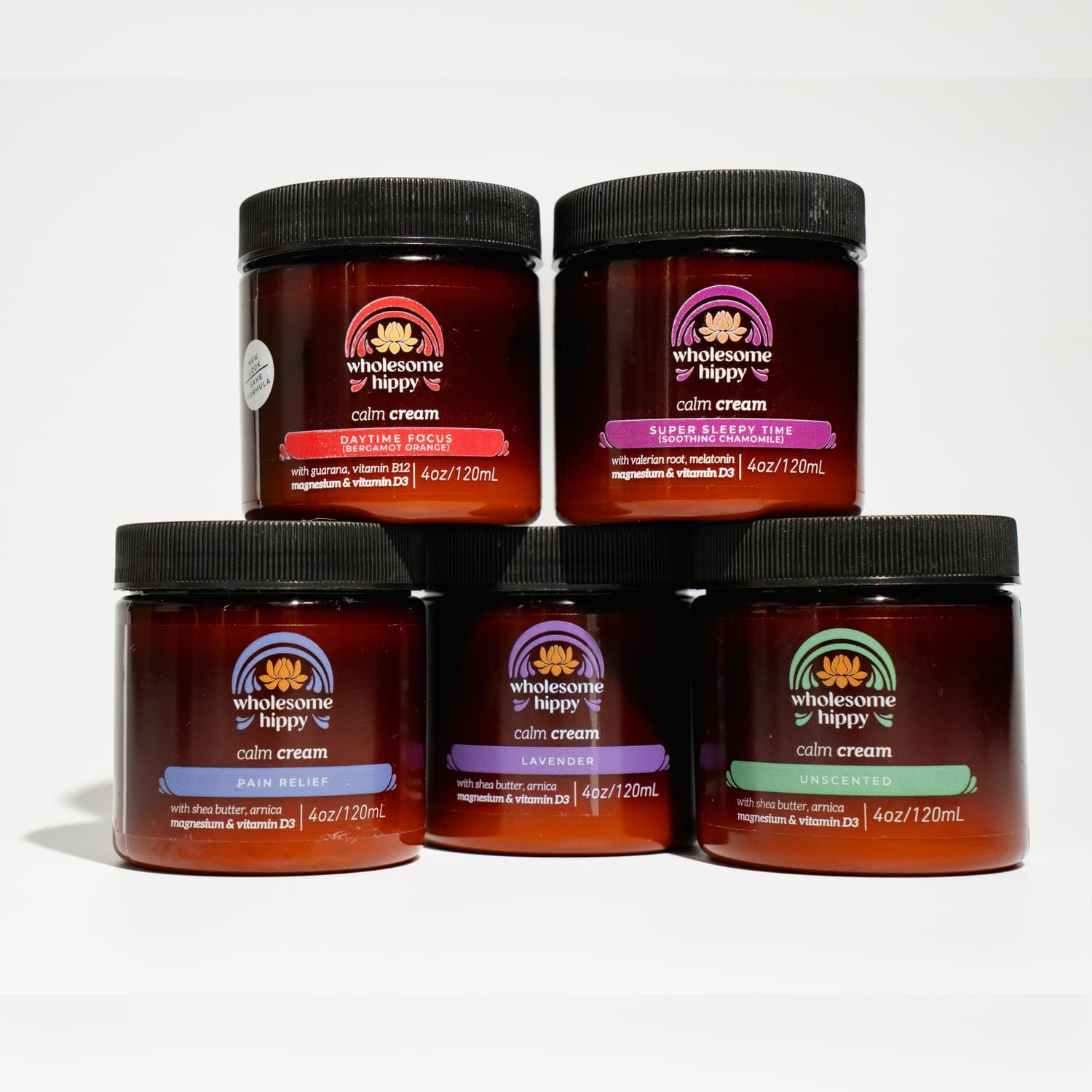 WHOLESOME HIPPY Calm Body Cream ingredients graphic featuring shea, cocoa, and mango butters.