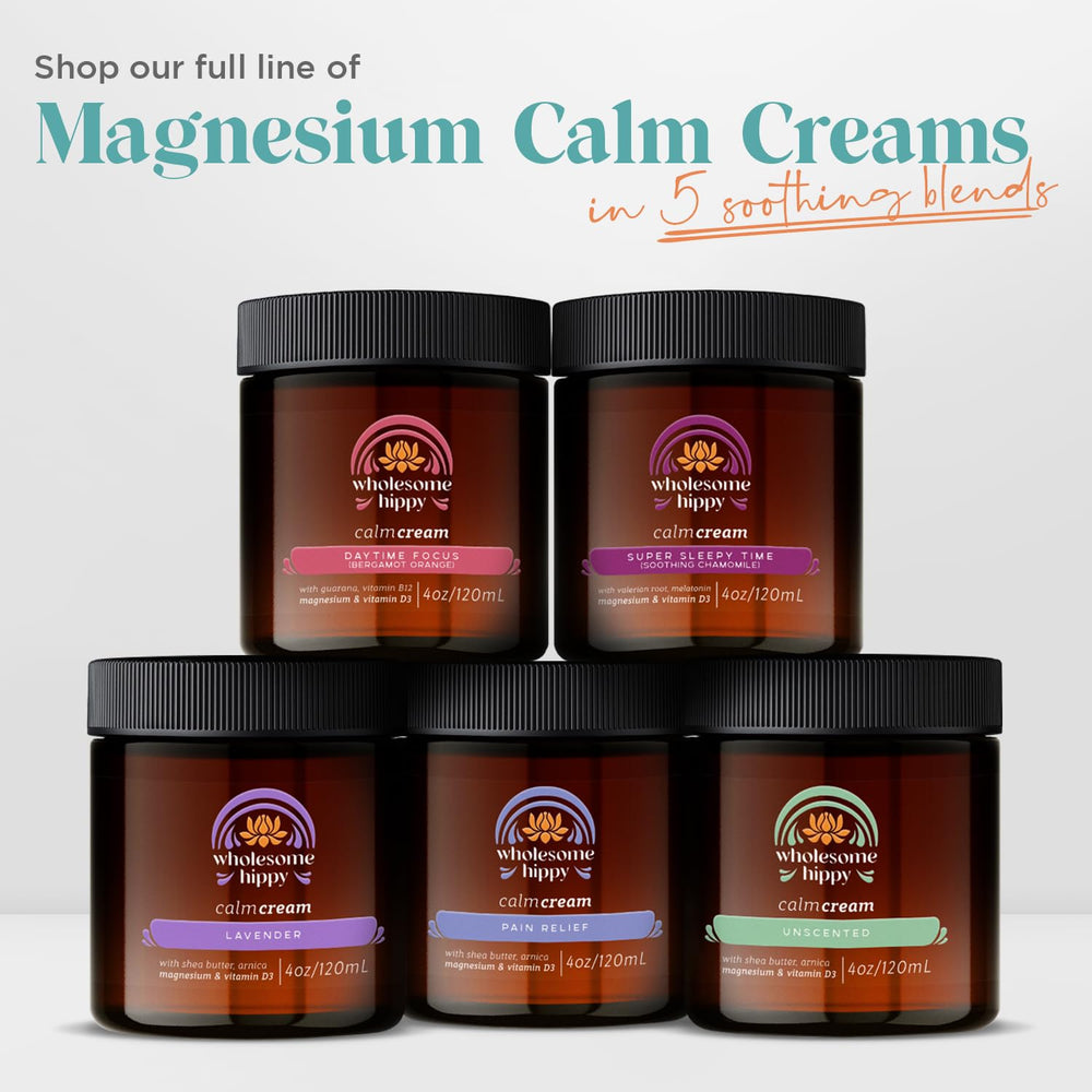 Wholesome Hippy Calming chamomile and valerian blend closeup for soothing routine.