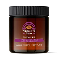 Wholesome Hippy Super Sleepytime Calm Cream bottle showing a soothing nighttime moisturizer.