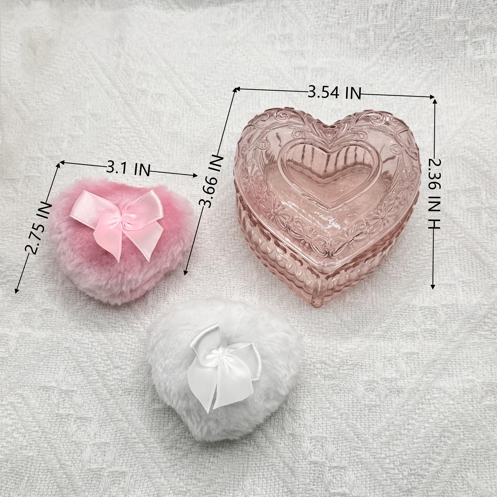 WHSLILR pink heart-shaped glass box with puffs for daily makeup rituals.