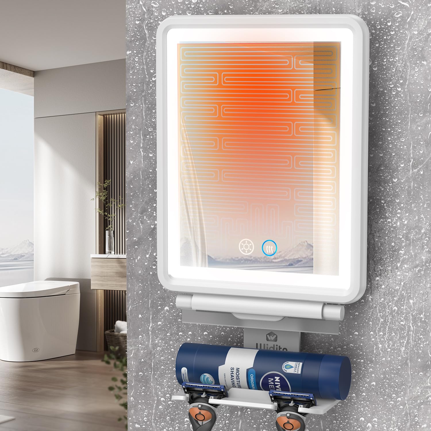 Widitn heated shower mirror front view offers fogless clarity for quick shaving.