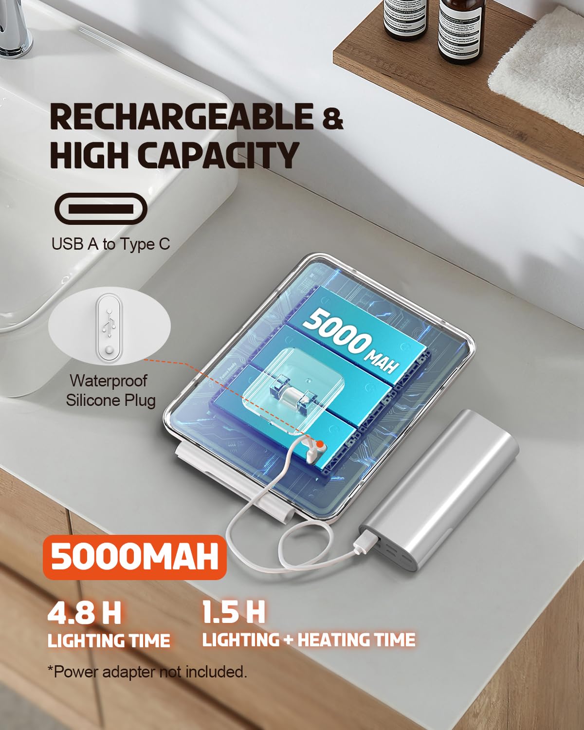 Widitn heated shower mirror rechargeable-battery ensures cordless use with long sessions.