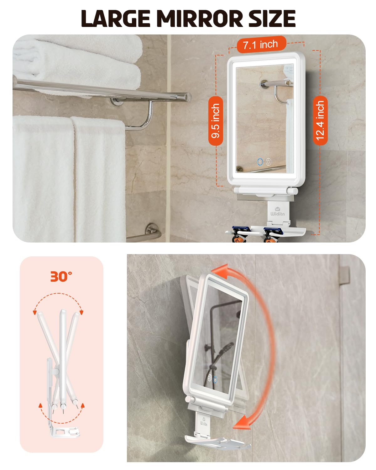 Widitn heated shower mirror squeegee removes droplets for a clear finish.