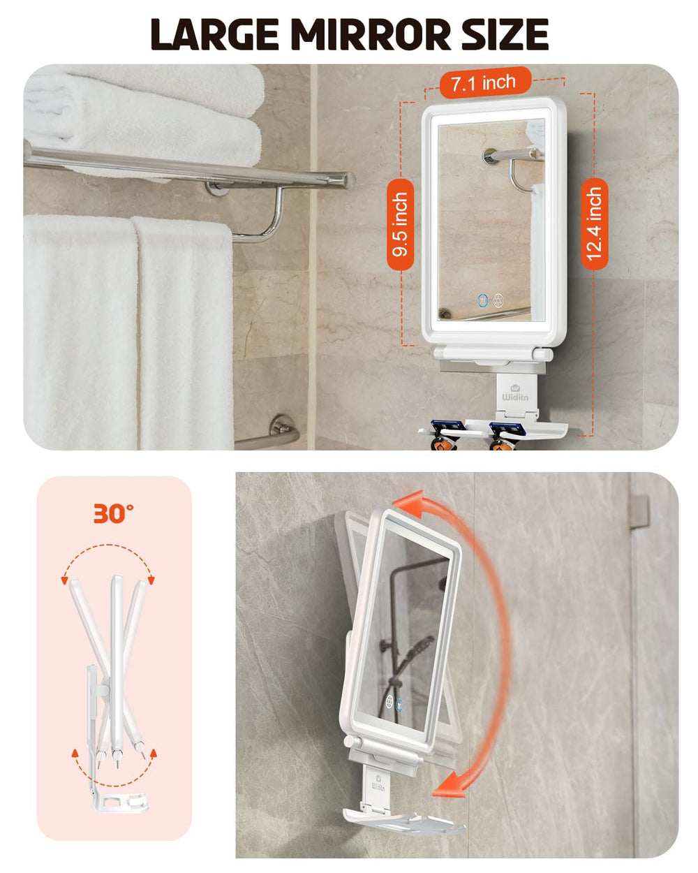 Widitn heated shower mirror squeegee removes droplets for a clear finish.