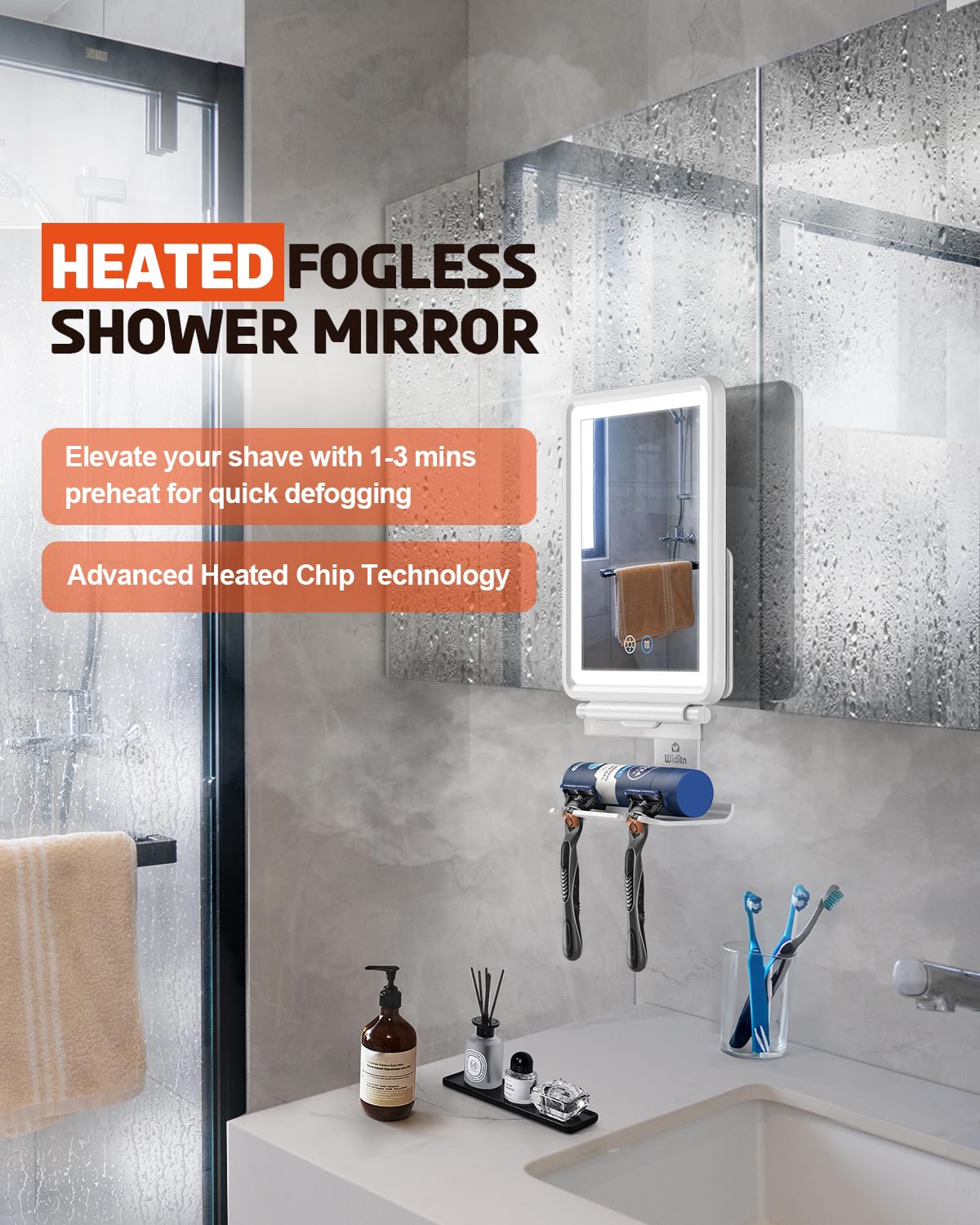 Widitn heated shower mirror tilt-angle shows adjustable angle for precise makeup or shaving.