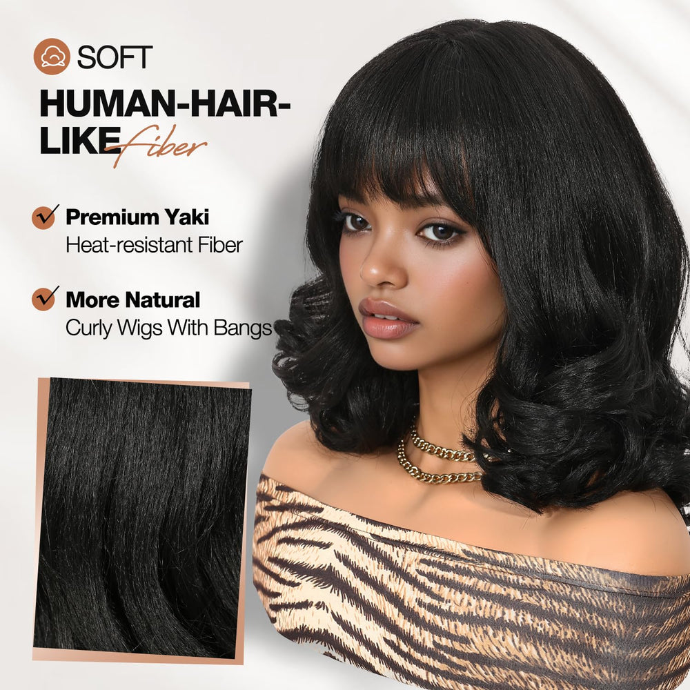 WIGER Yaki texture wavy wig with bangs back view, layered bob silhouette.