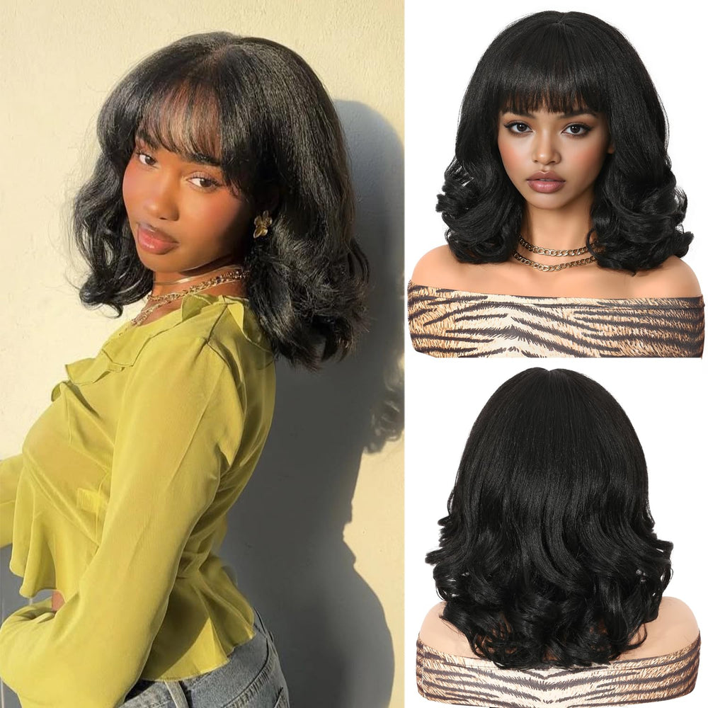 WIGER Yaki texture wavy wig with bangs front view, natural-looking waves for daily wear.