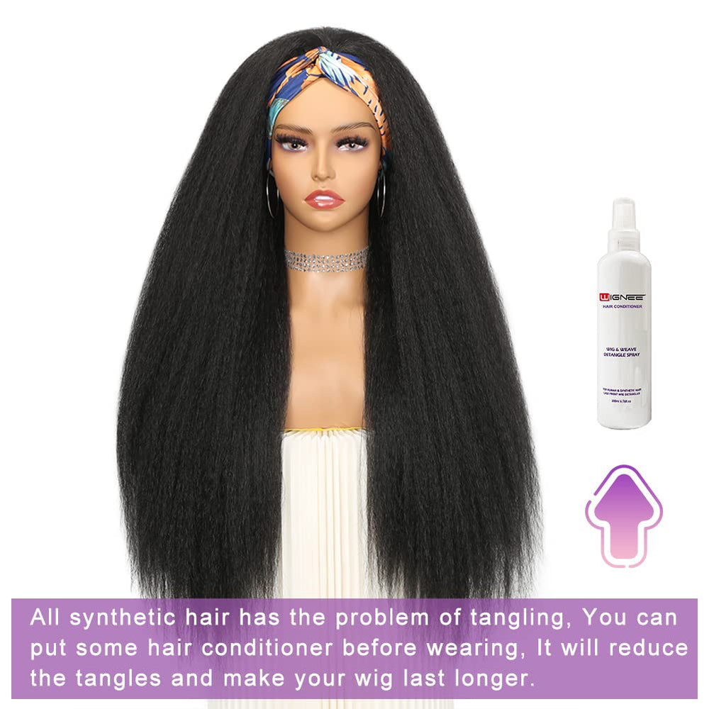 WIGNEE kinky straight headband wig 26in closeup texture highlights silky fibers