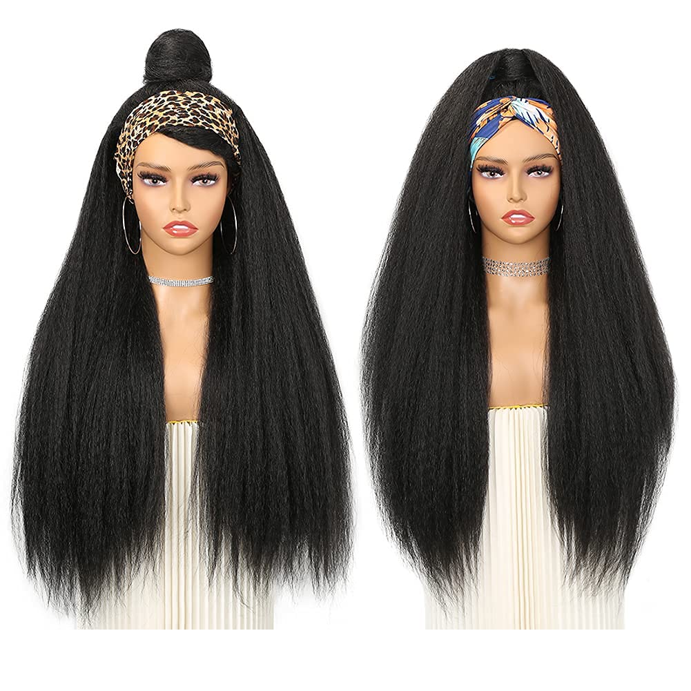 WIGNEE kinky straight headband wig 26in side view shows smooth texture