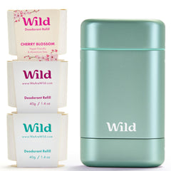 Wild Aqua Case front view shows sleek, refillable deodorant for waste-free daily use.