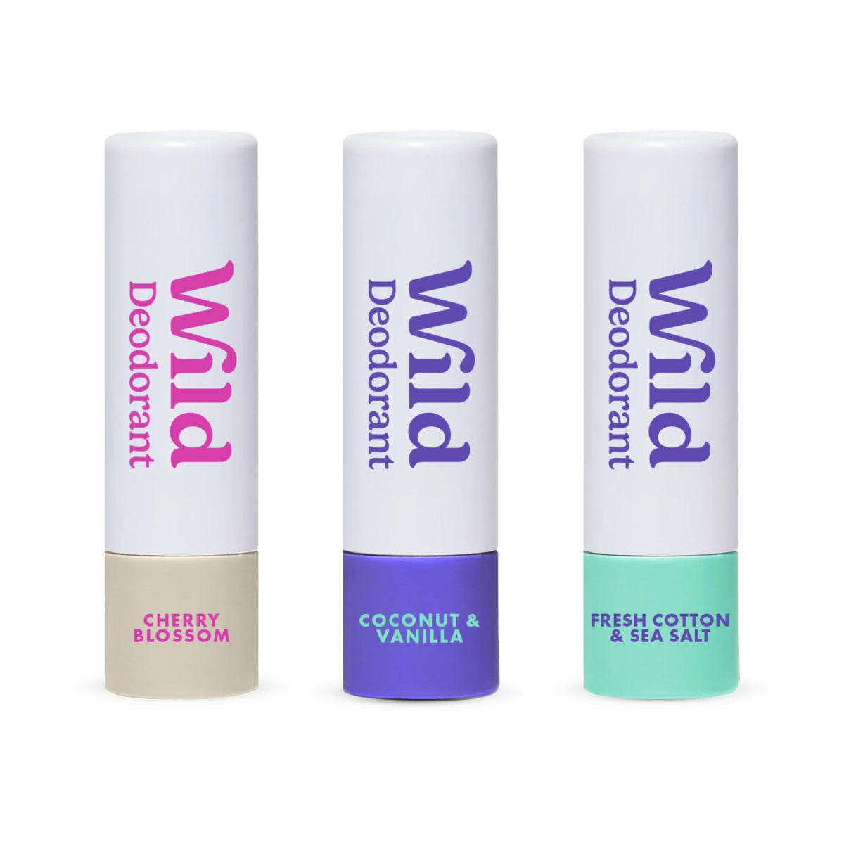 Wild mini deodorants in Fresh Cotton & Sea Salt for on-the-go freshness.