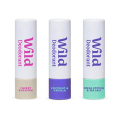Wild mini deodorants in Fresh Cotton & Sea Salt for on-the-go freshness.