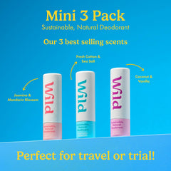 Wild mini deodorants travel pack packaging close-up showing compact design.
