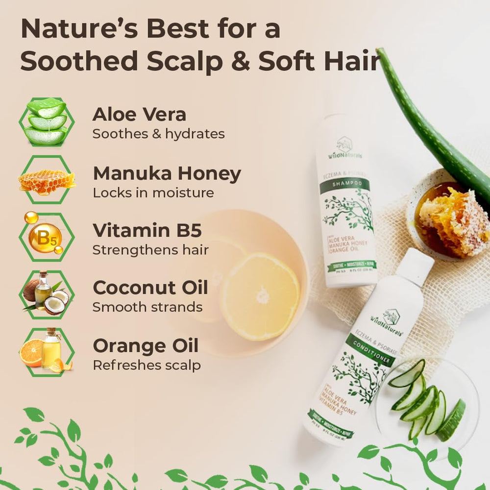 Wild Naturals eczema psoriasis conditioner bottle front demonstrates hydrating hair care.
