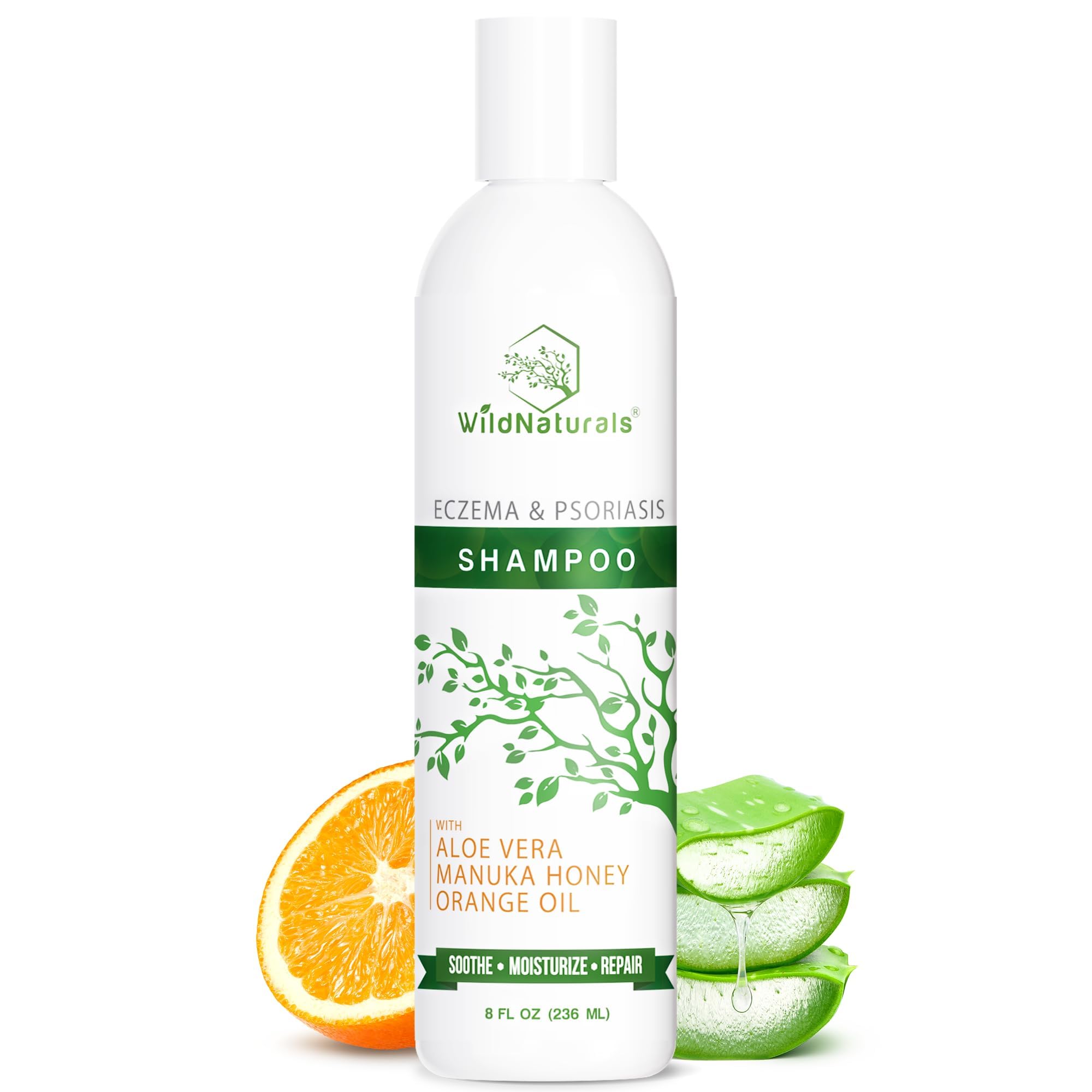 Wild Naturals eczema & psoriasis shampoo bottle demonstrates gentle, fragrance-free cleansing for sensitive scalps.
