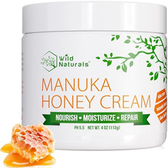 Wild Naturals Manuka Honey Moisturizer jar closeup highlights creamy, nourishing texture for dry skin.
