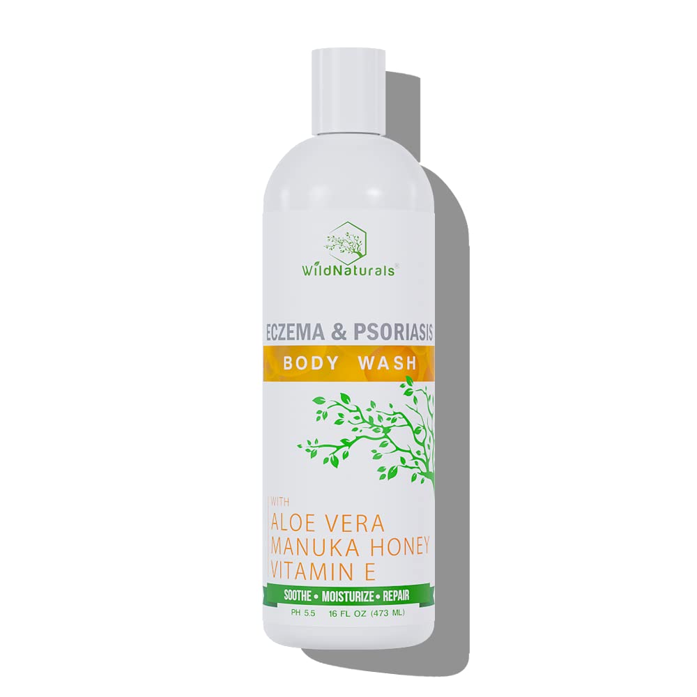 Wild Naturals moisturizing eczema body wash bottle closeup highlighting gentle hydrating formula for sensitive skin