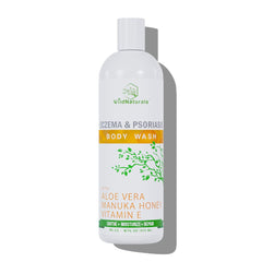 Wild Naturals moisturizing eczema body wash bottle closeup highlighting gentle hydrating formula for sensitive skin