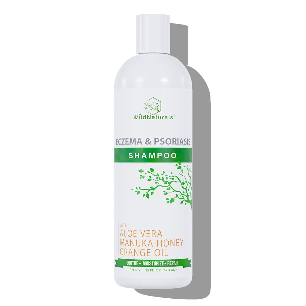 Wild Naturals psoriasis shampoo bottle demonstrates soothing relief with aloe vera and cehami for itchy scalps.