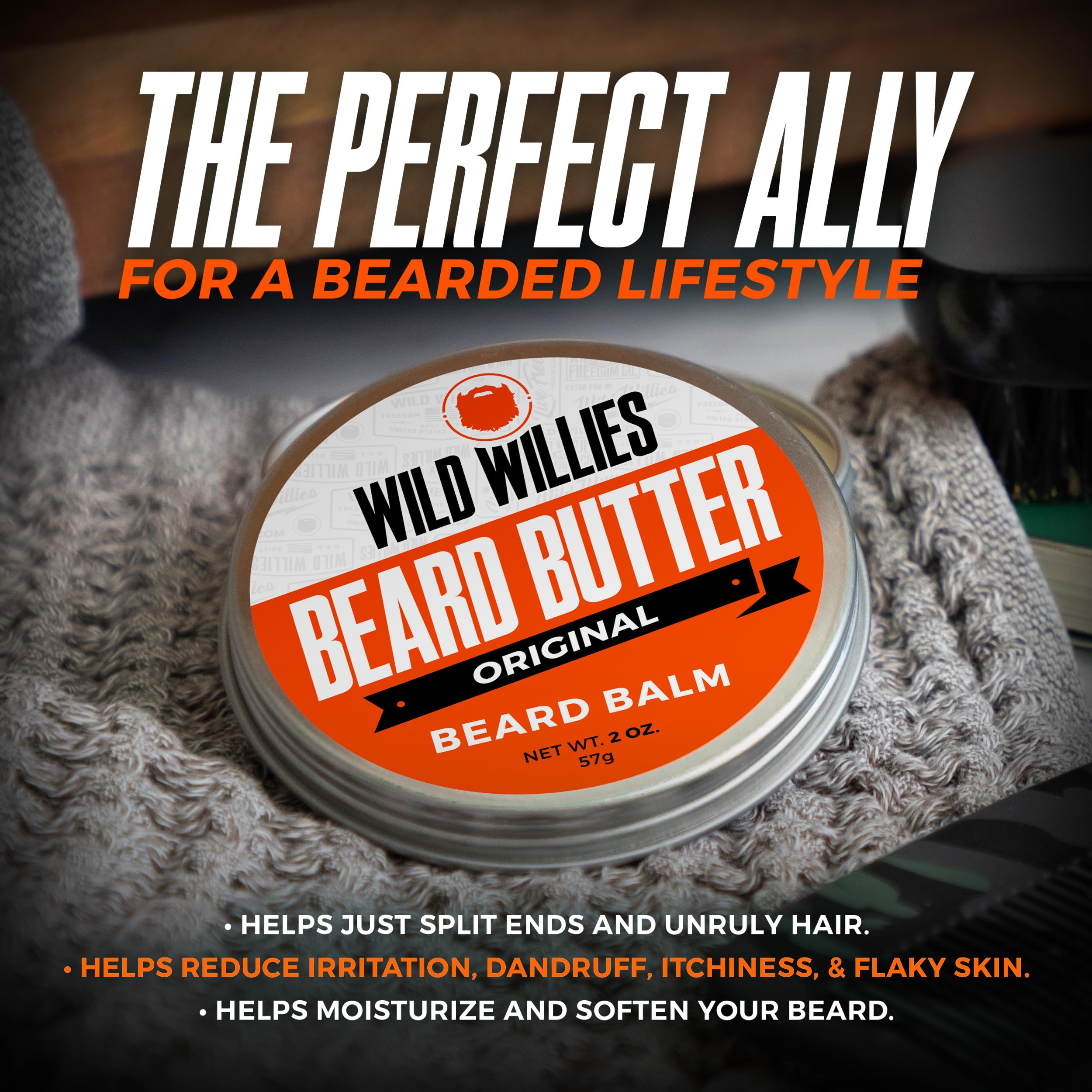 Wild Willies beard butter tin highlighting moisturizing texture for frizz control